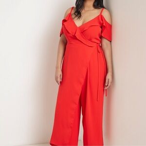 Eloquii Red Ruffled Off the Shoulder Detail Faux Wrap Jumpsuit Women’s Size 16